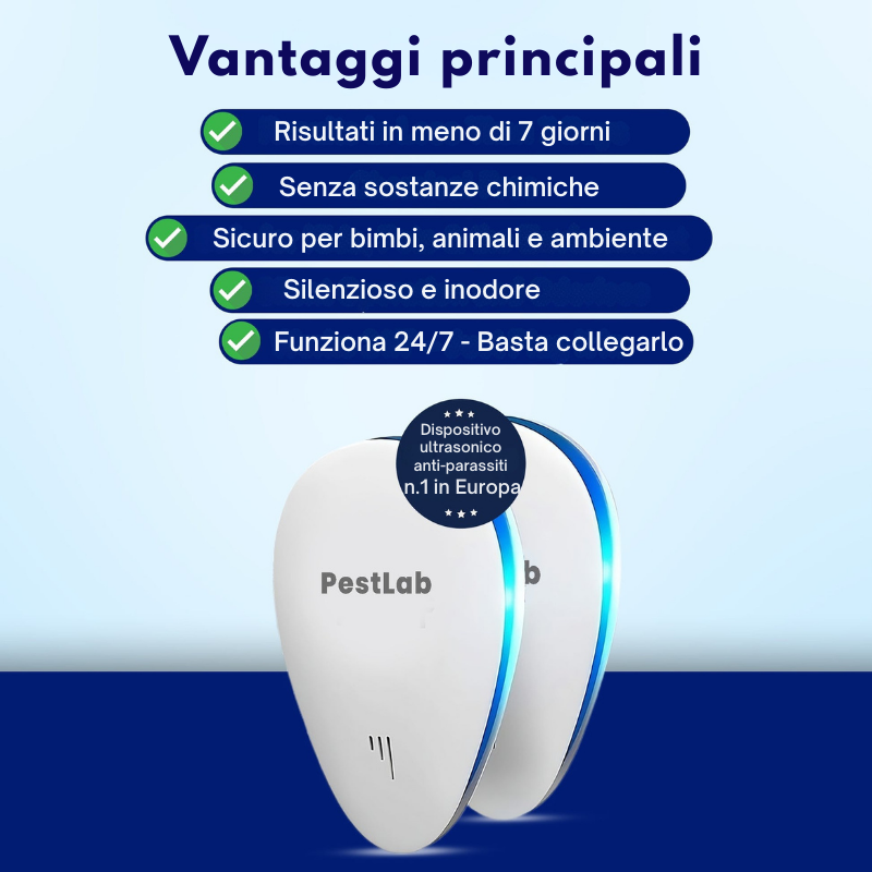 PestLab™ – Repellente a ultrasuoni plug-and-play | silenzioso 24/7 | 0% chimici | copertura ≈ 28 m² per unità